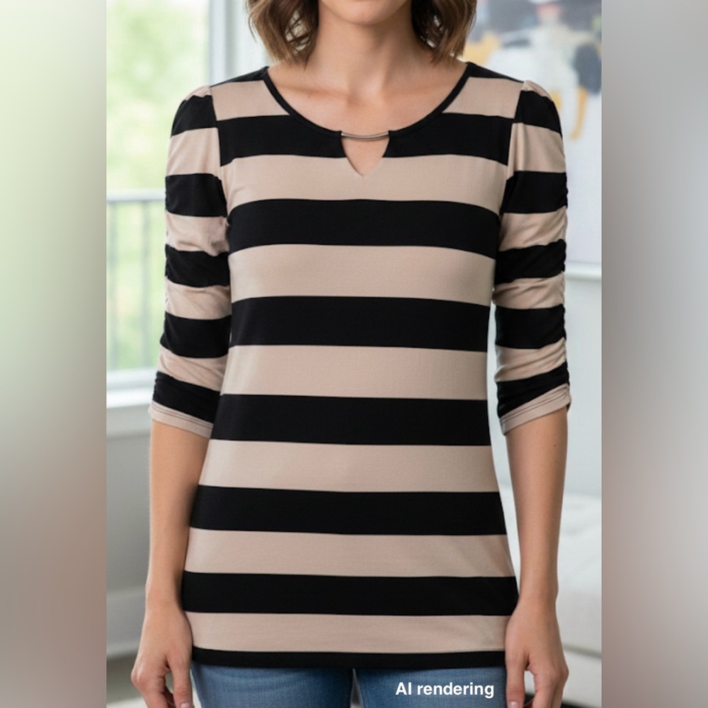 WHITE HOUSE BLACK MARKET Tan & Black Stripe Keyhole Knit Shirt | Small